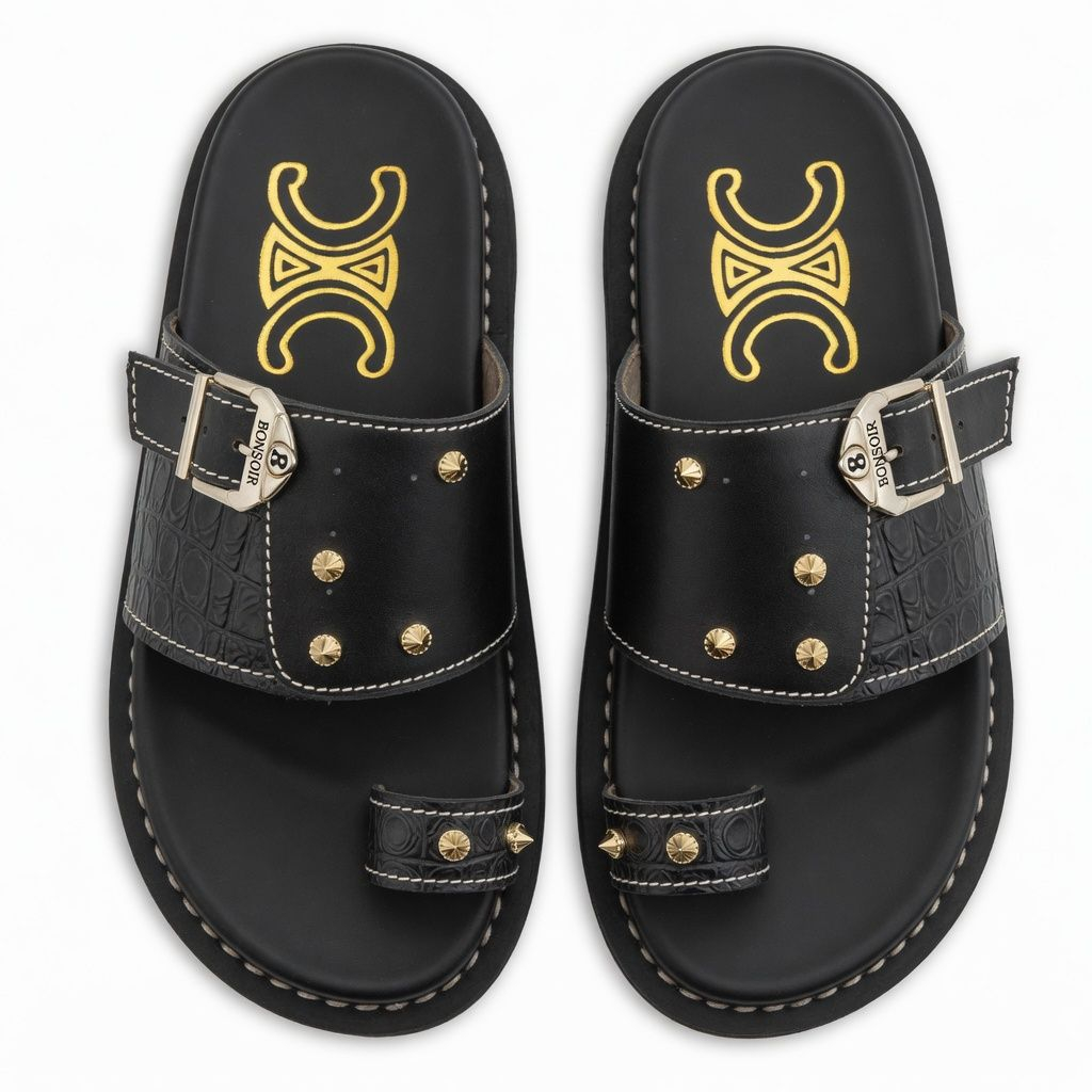 Artisanal Obsidian Croc Embossed Studded Toe Loop Sandals