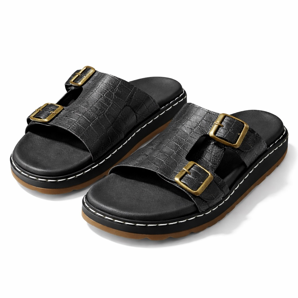 Mens  Croc Texture Double Buckle Slide Sandals