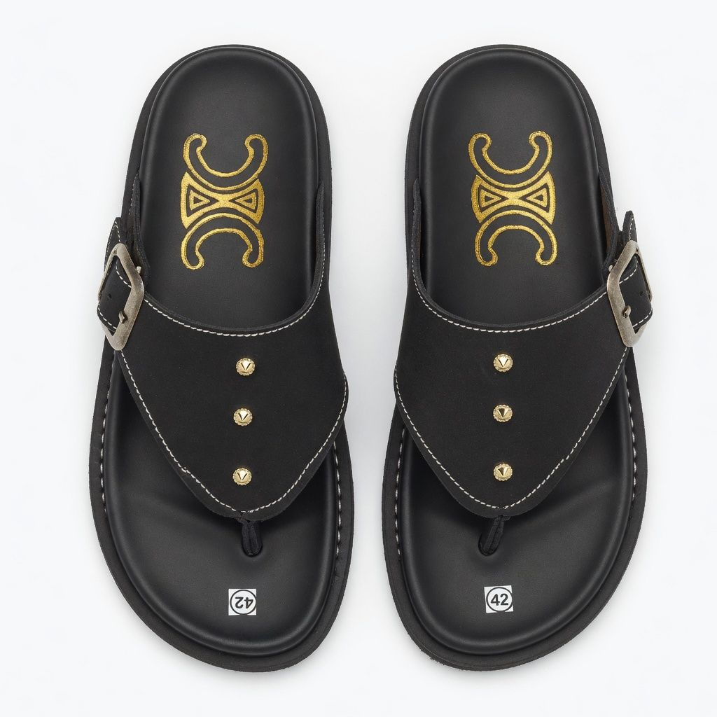 Artisanal Sienna Black Chevron Stitched Slides