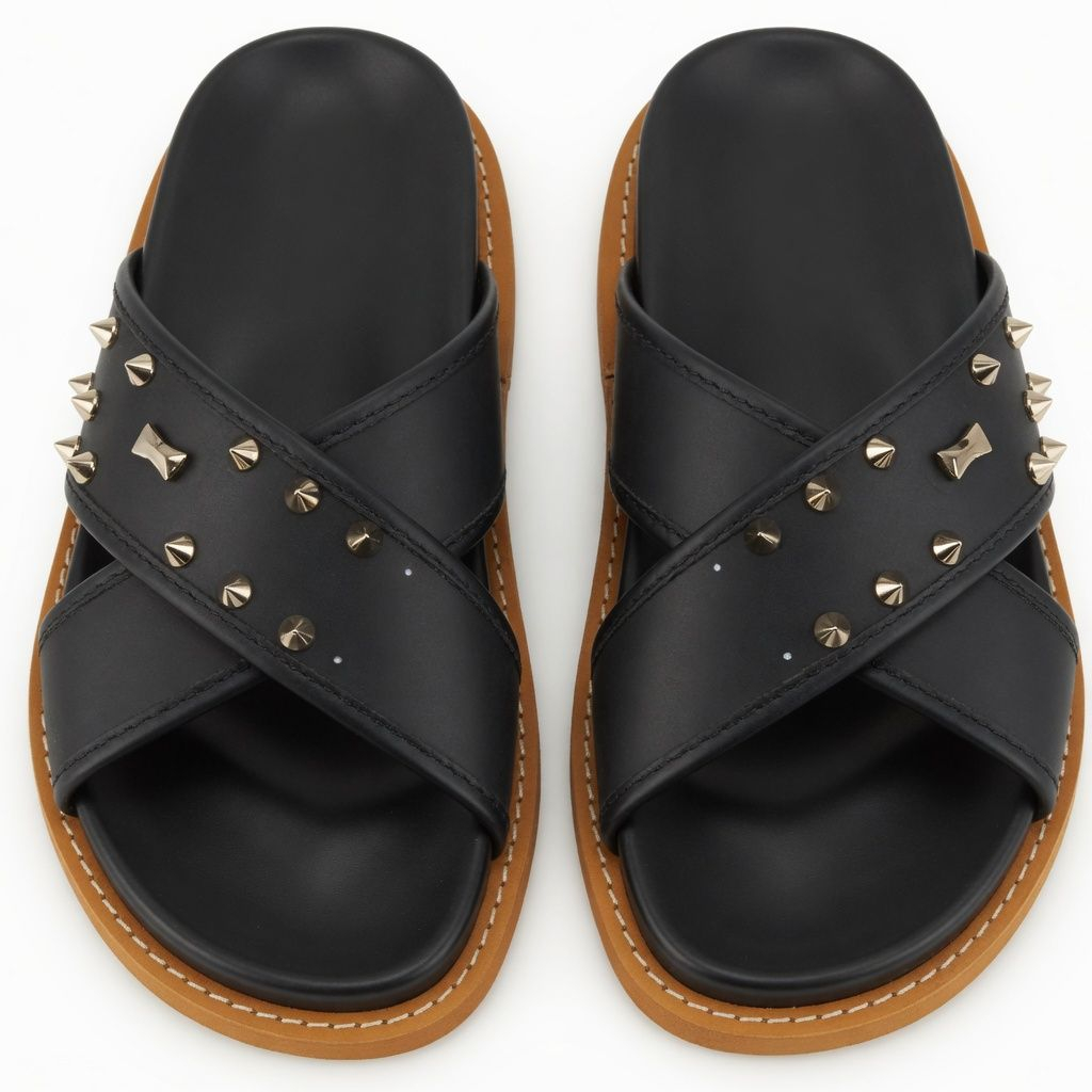 Men black Studded Cross Strap Slide Slippers