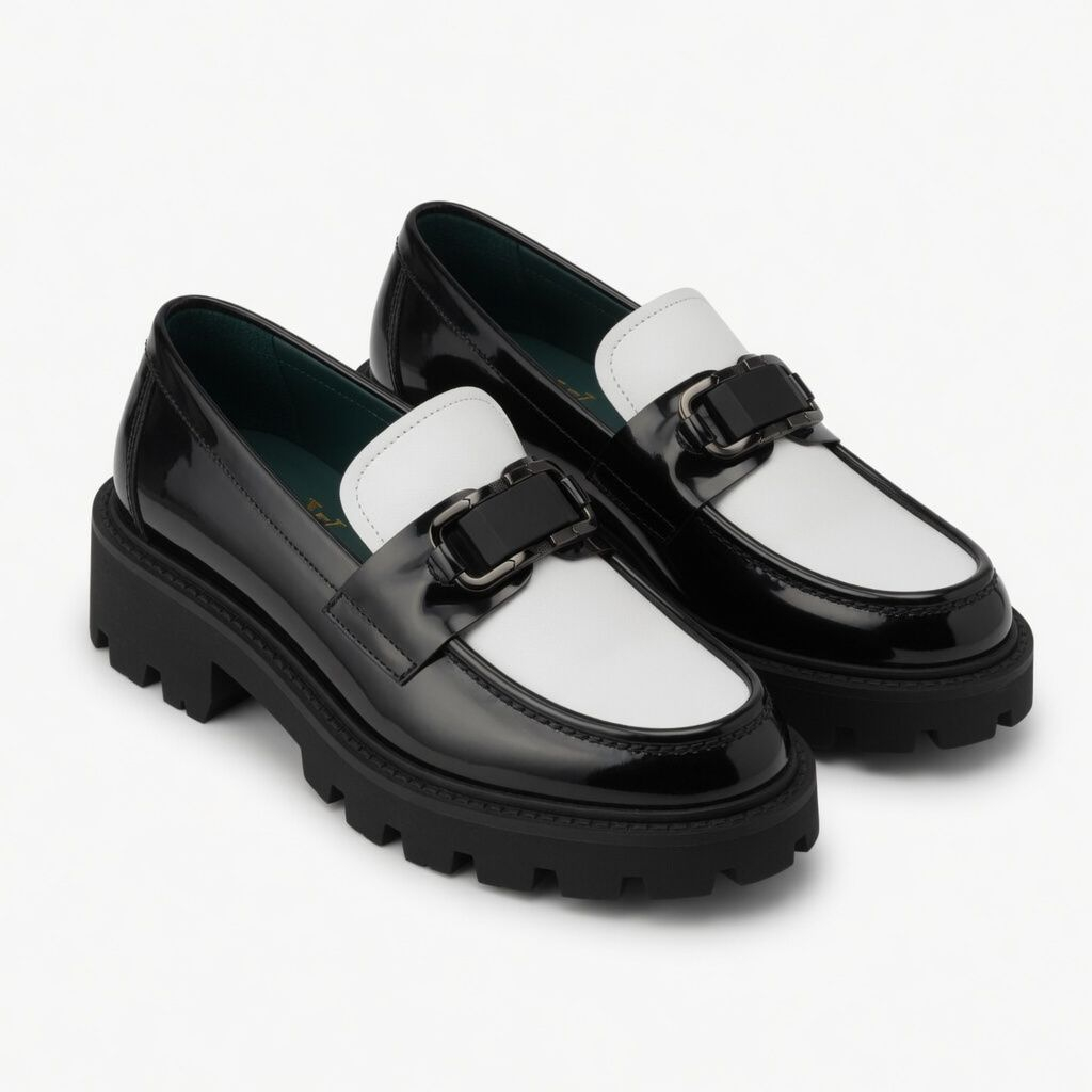 Executive Two Tone Patent Leather Loafers with Buckle Detail