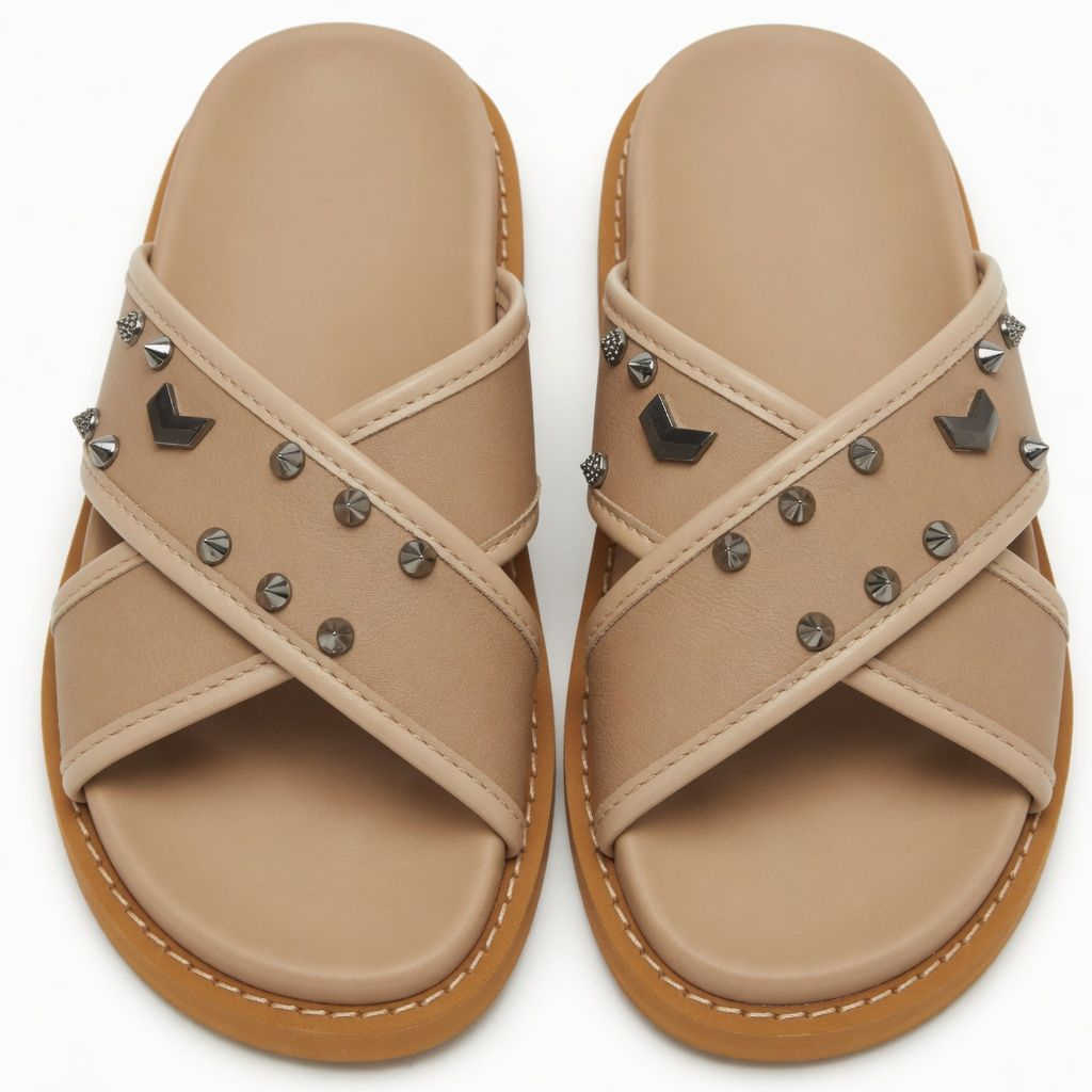 Men Nude Beige Studded Cross Strap Slide Slippers