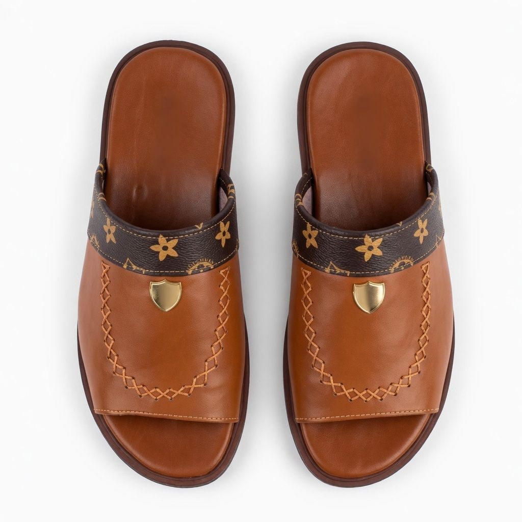 Mens Brown Open Toe Comfort Slide Sandals