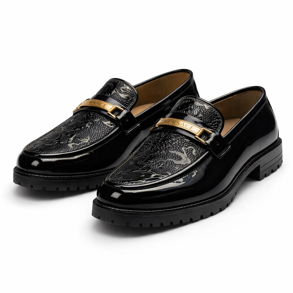 Mens Textured Patent Leather Loafers  with  Gold Accent Bar