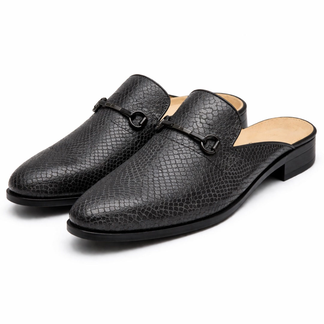 Mens Black Textured Leather Backless Mule Loafers