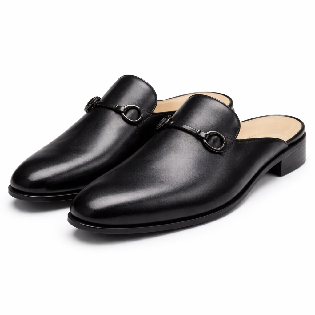 Quality Mens Black Sleek Leather Backless Mule Loafers