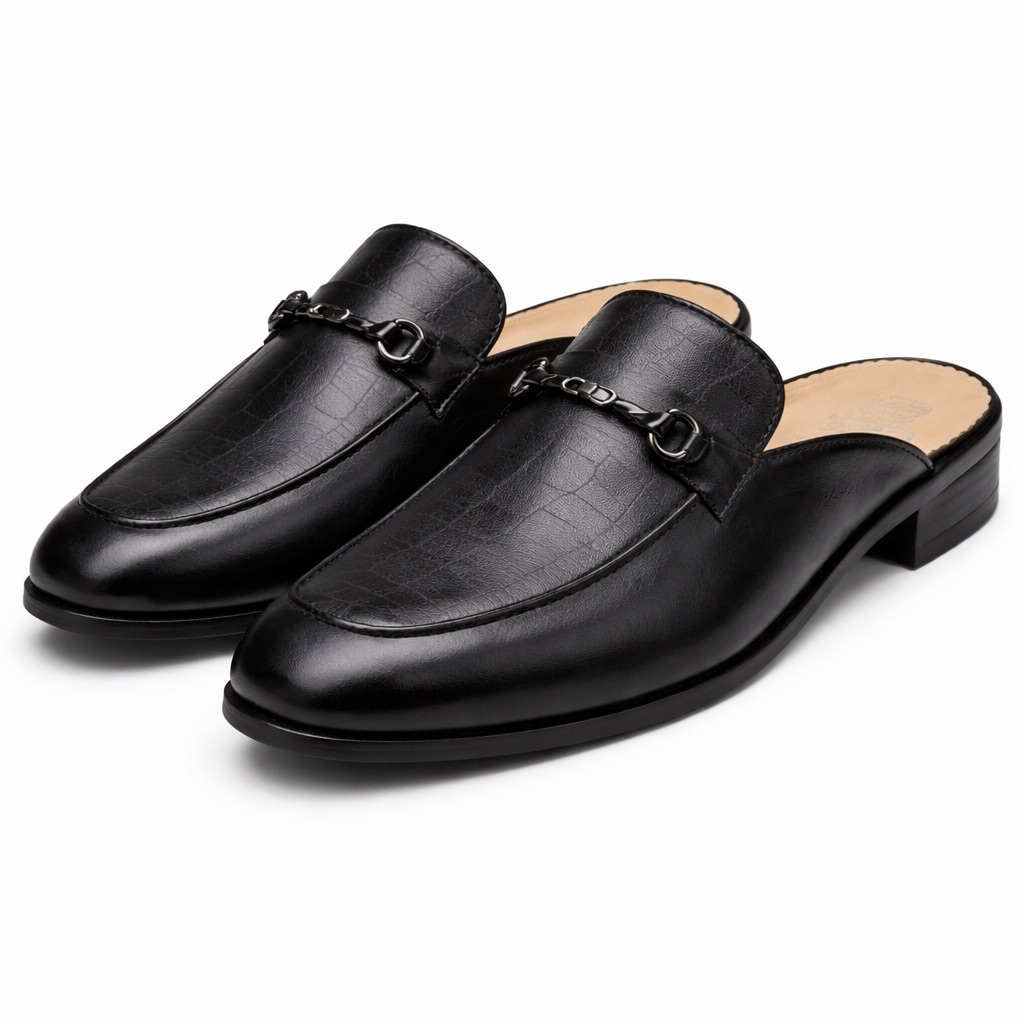 Mens Black Croc Texture  Leather Mule Loafers