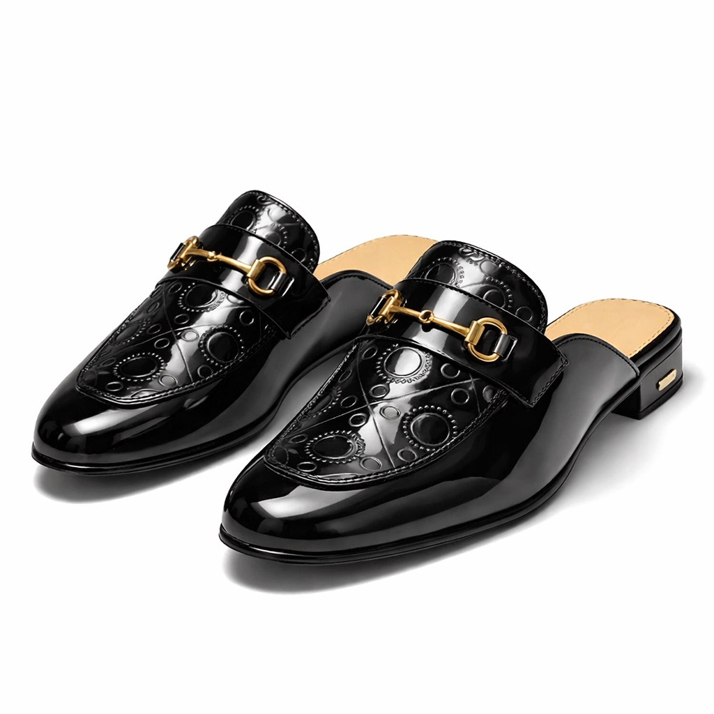 Mens Black Embossed Patent Leather Horsebit Mule Loafers