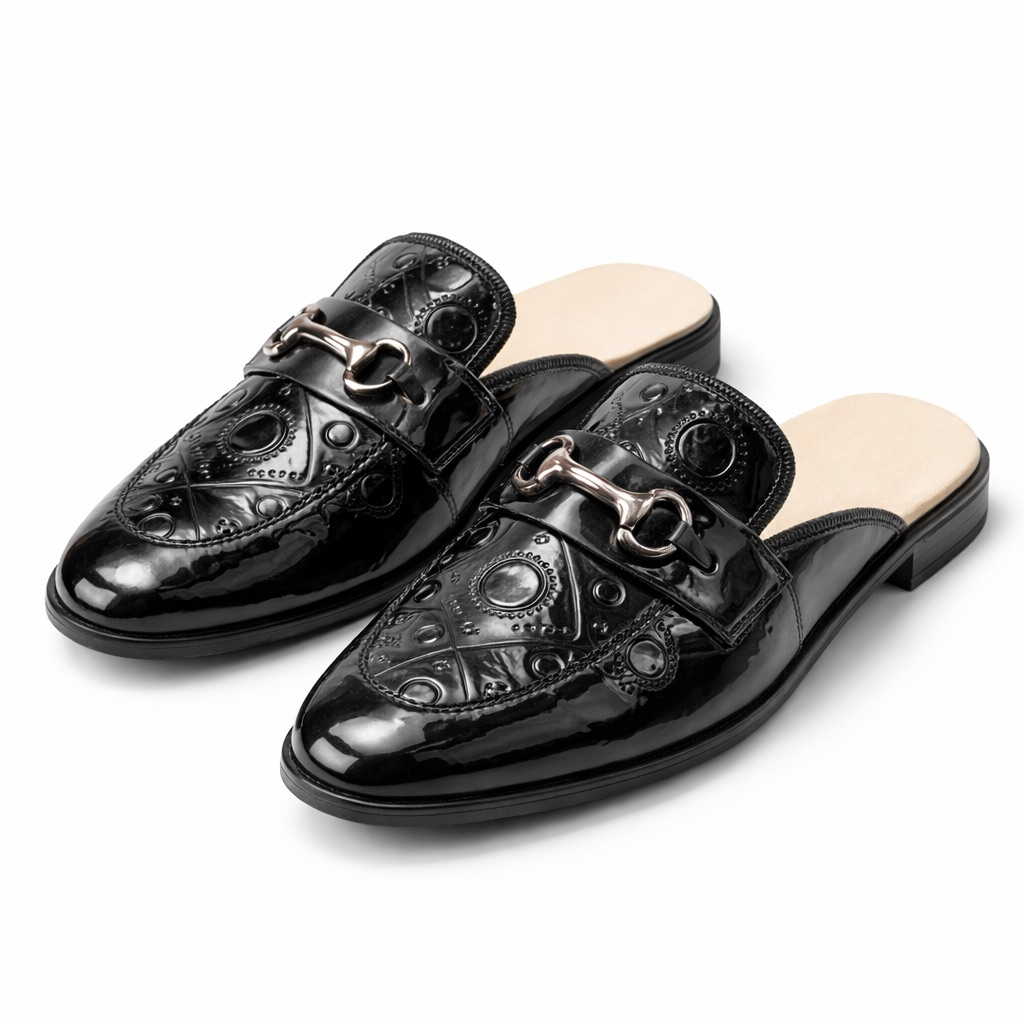 Mens Embossed Patent Leather Mule Loafers with Metal Bit
