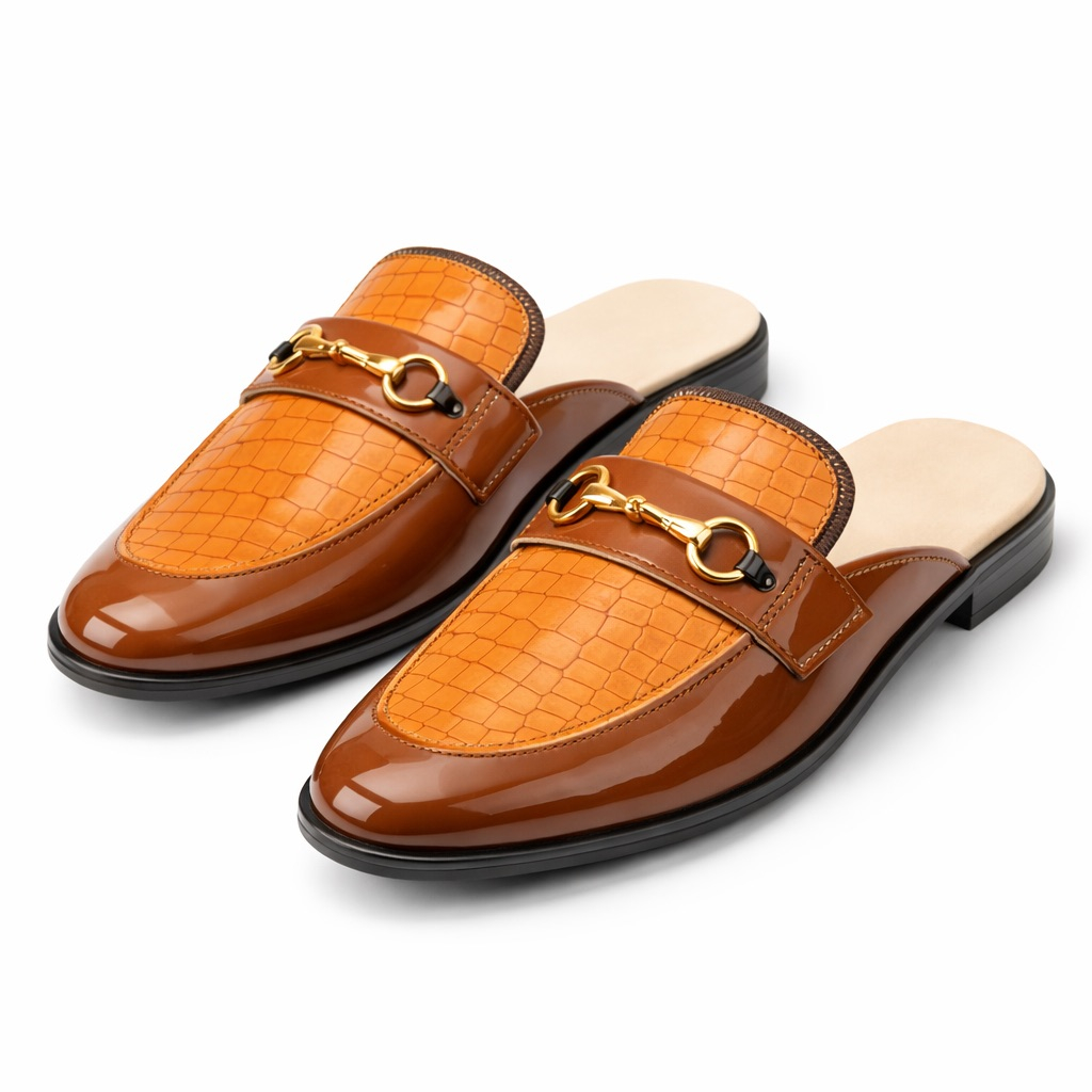 Mens Croc Embossed Leather Mule Loafers with Horsebit
