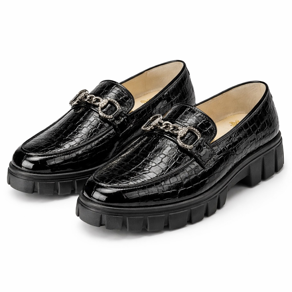 Mens Croc Embossed Patent Leather Mule Loafers with Crystal Chain