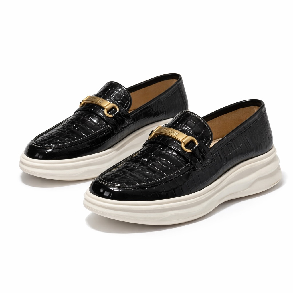 Mens Croc Embossed Patent Leather Mule Loafers with Gold Bar Detail