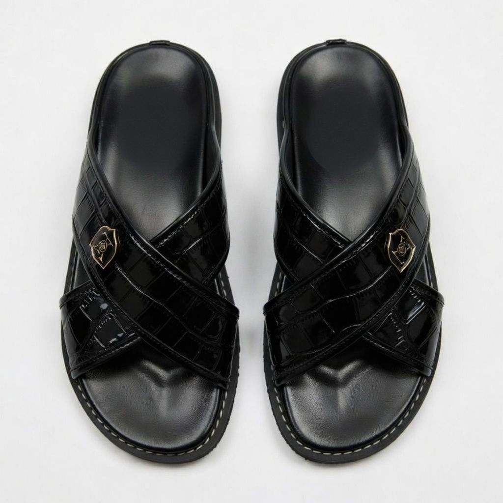 Luxurious Men Black Croc Leather Slider Sandals with Gold Details