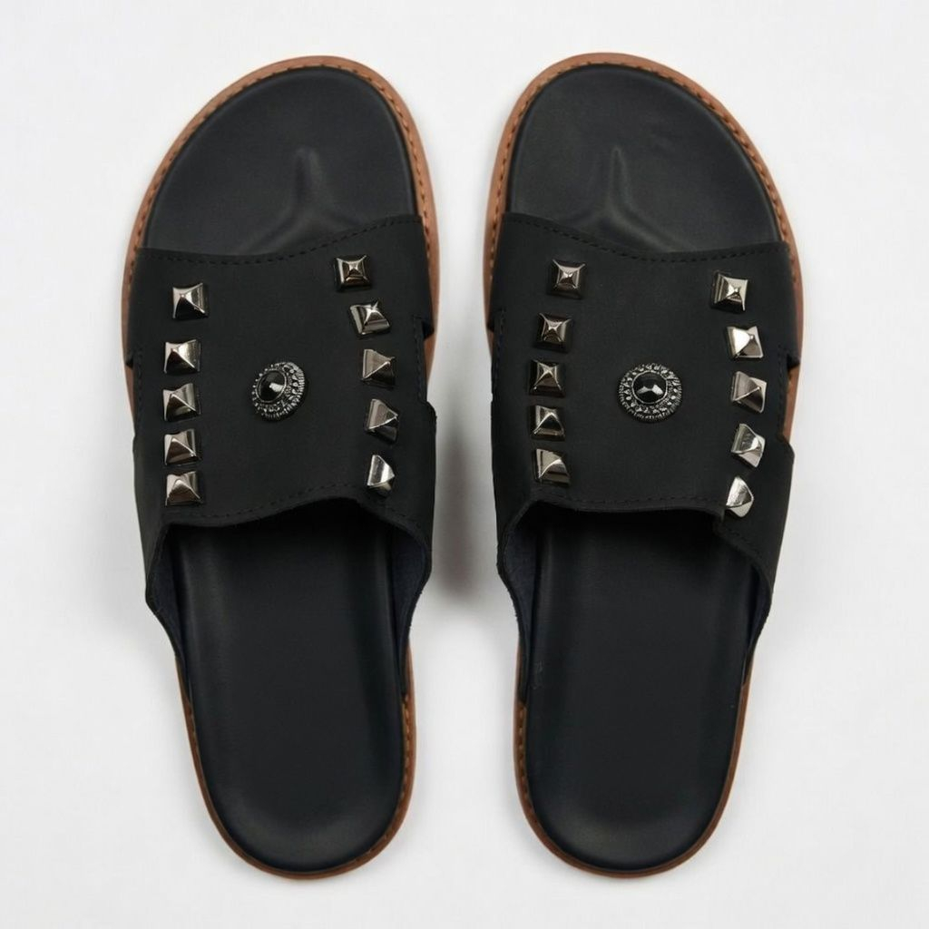 Mens Black Studded Leather Slide Sandals