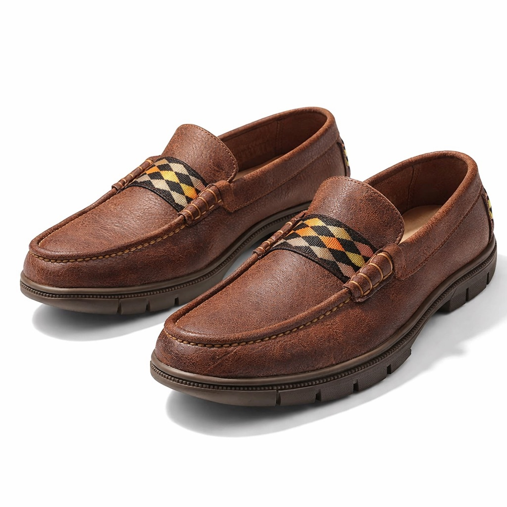 Mens Vintage Leather Slip On Loafers with Pattern Detail