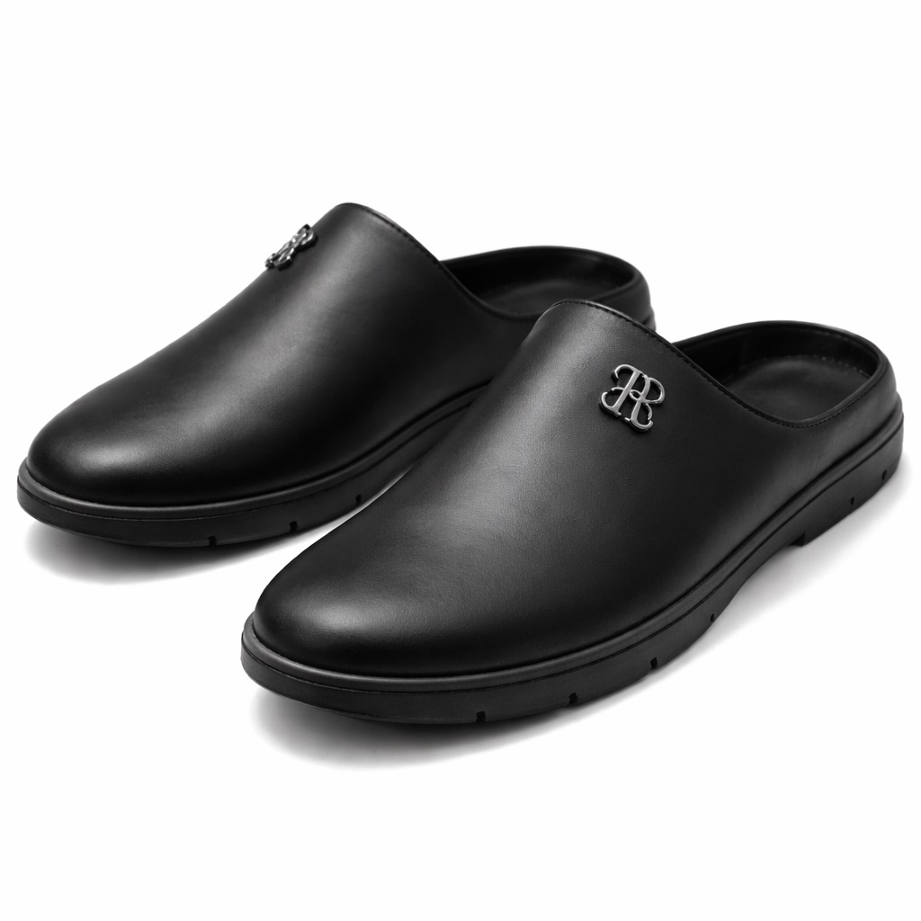 Mens Minimalist Leather Slip On Mules with Metal Detail       Black