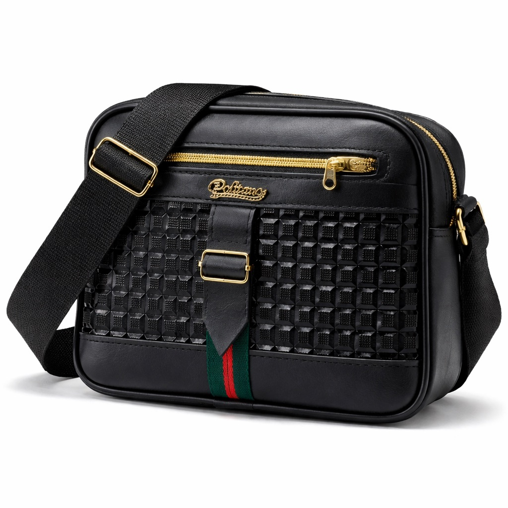 Black Textured Leather Crossbody Messenger Bag with Gold Zipper