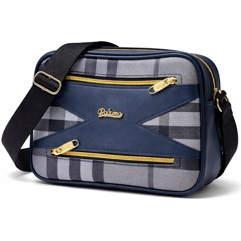 Plaid Crossbody Shoulder Bag with Leather Panel       Blue