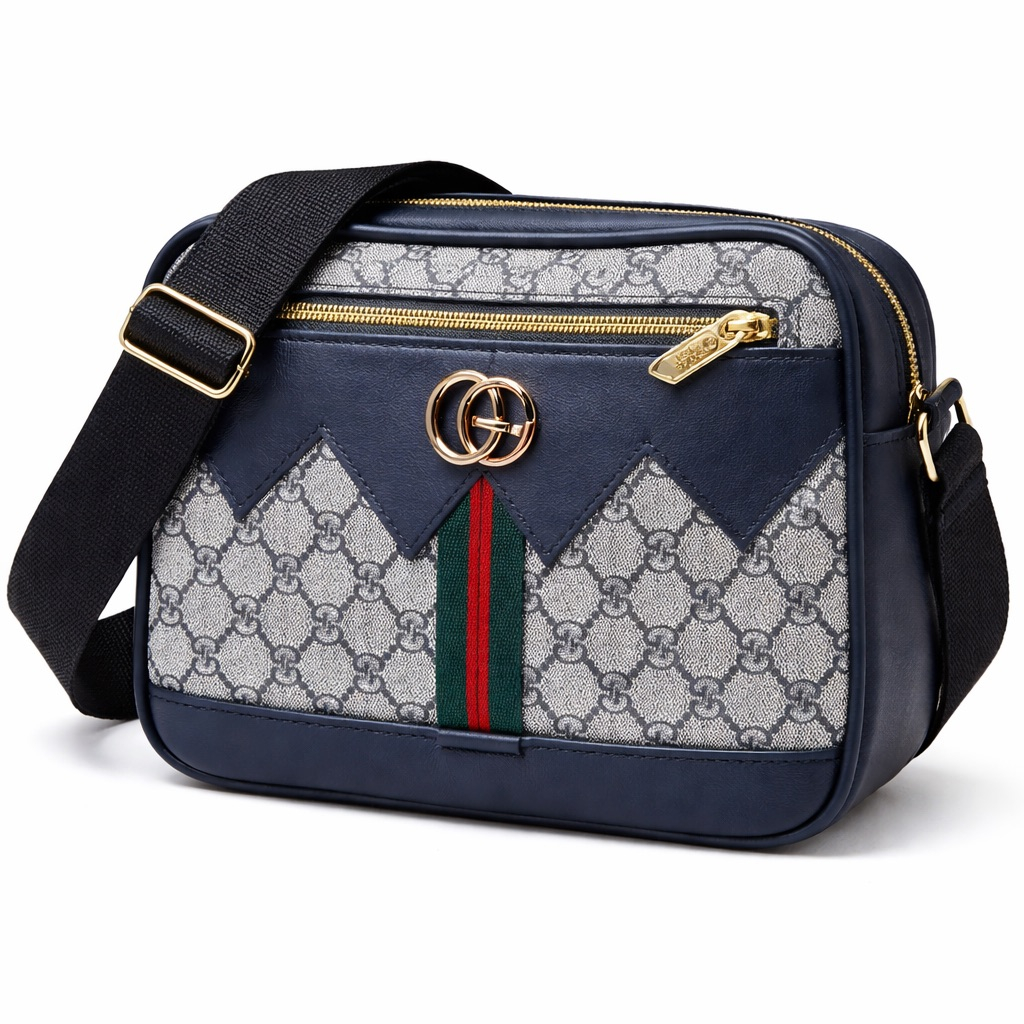 Monogram Crossbody Shoulder Bag with Stripe Detail         Blue