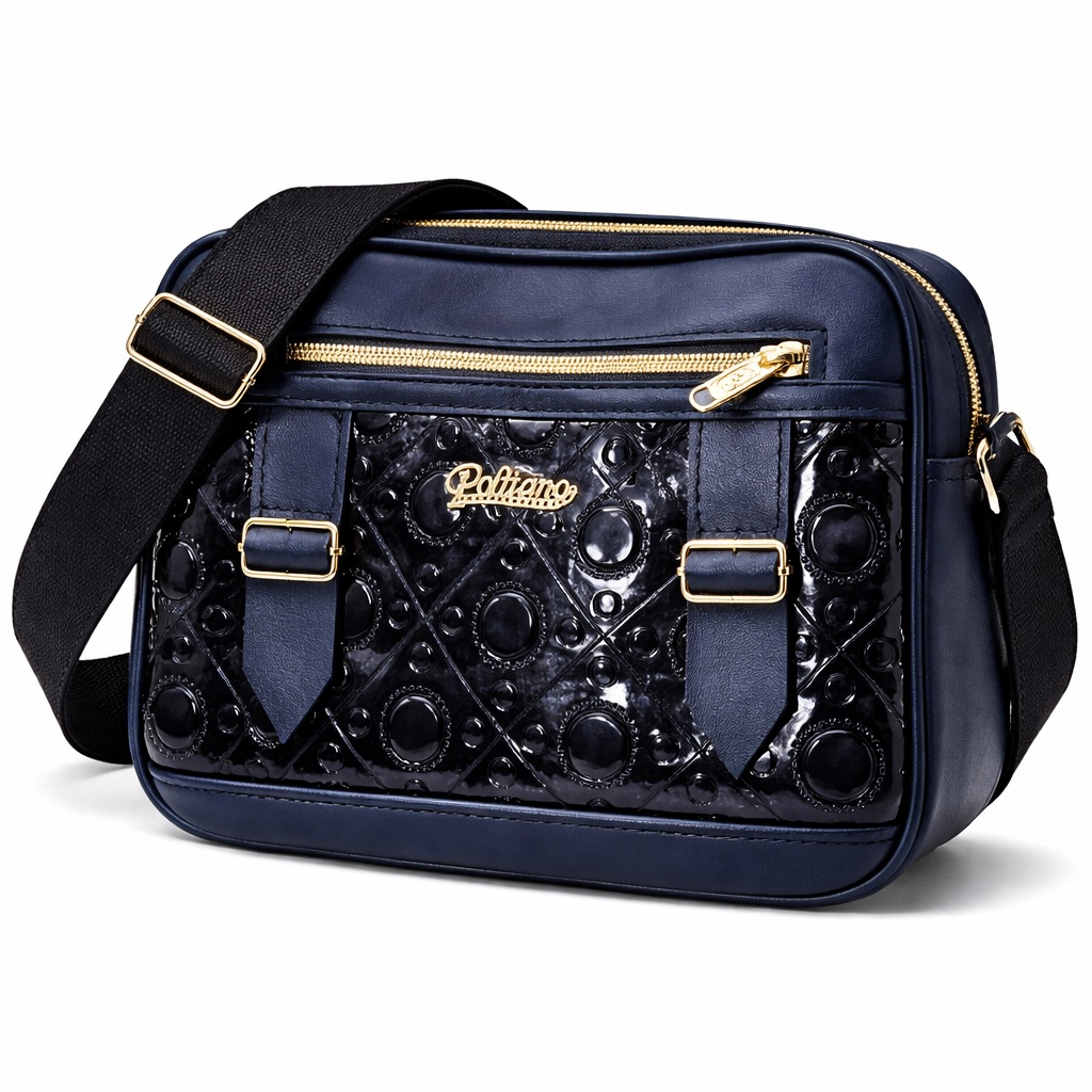 Embossed Patent Crossbody Shoulder Bag with Buckle Detail      Blue