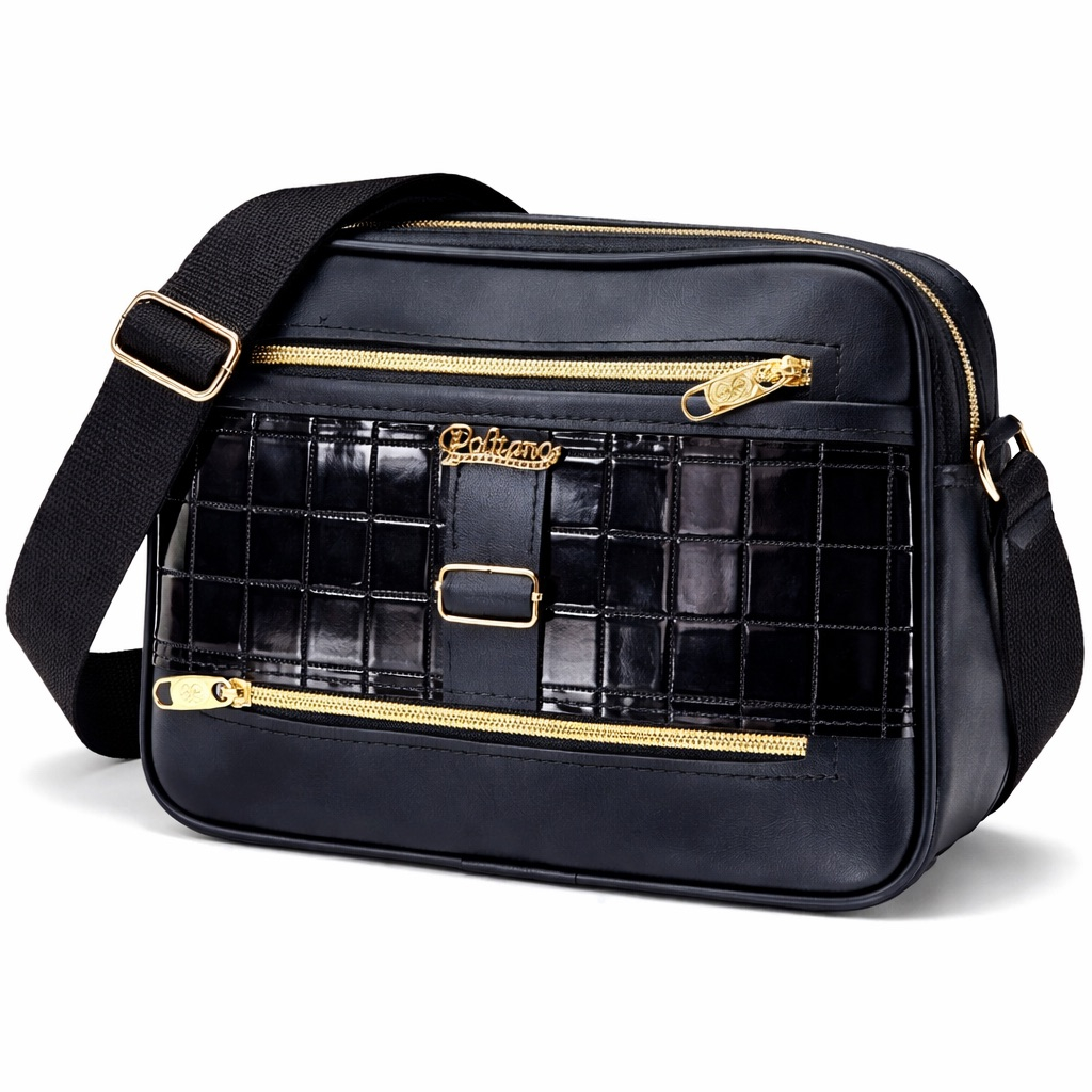 Textured Patent Crossbody Shoulder Bag with Grid Panel     Black