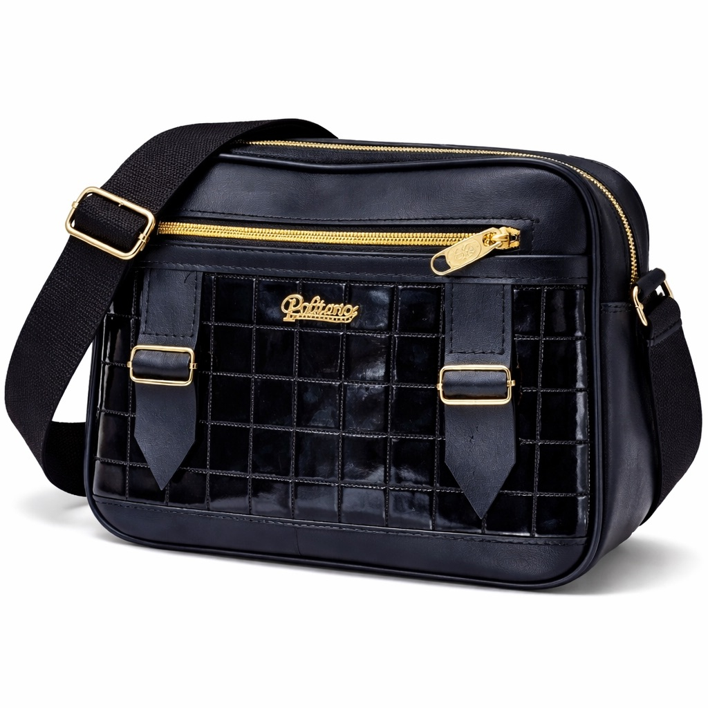 Embossed Patent Crossbody Shoulder Bag with Dual Strap Detail       Black