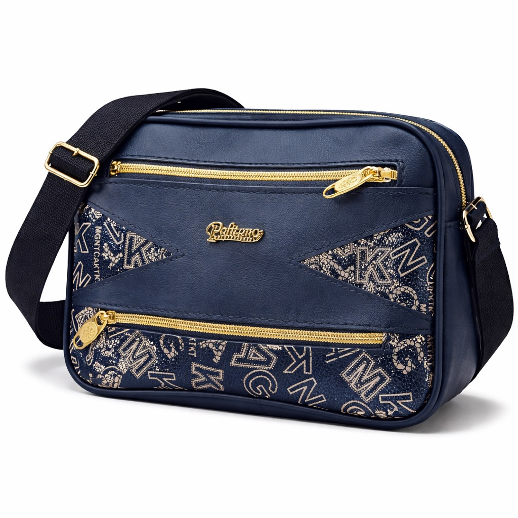 Graphic Print Crossbody Shoulder Bag with Leather Panel      Blue