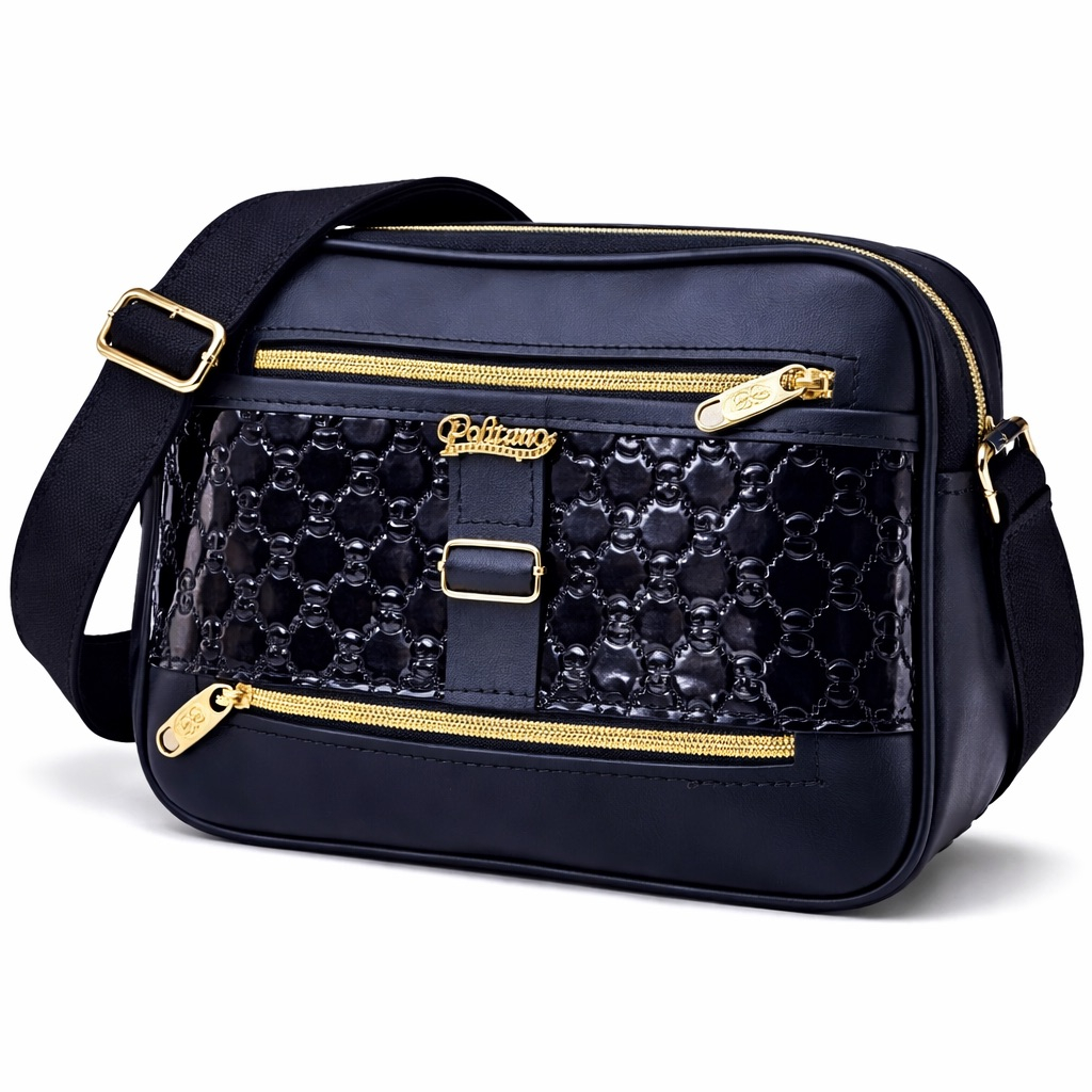 Embossed Patent Crossbody Shoulder Bag with Chain Pattern      Blue