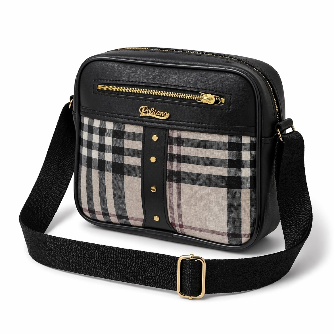 Plaid Crossbody Shoulder Bag with Stud Detail