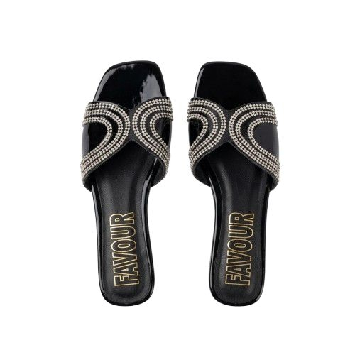 Womens Black Flat Slippers with Rhinestone Embellishments