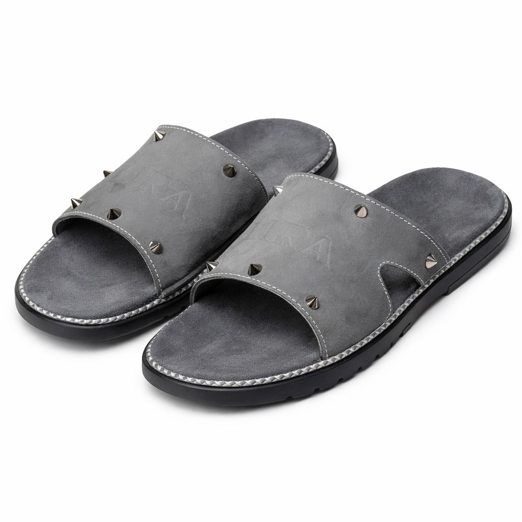 Mens Grey Leather Slippers with Studded Design