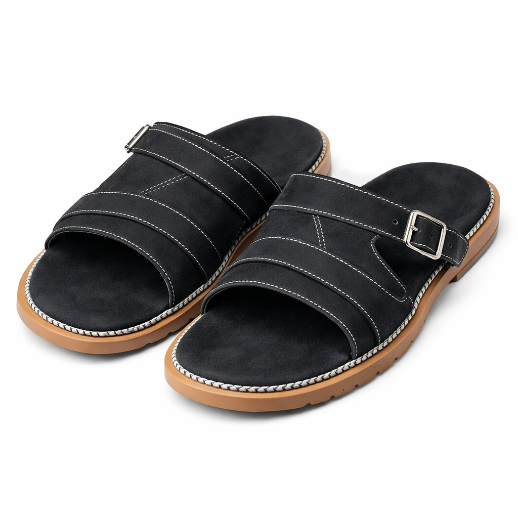 Black Leather Sandals with Buckle Strap