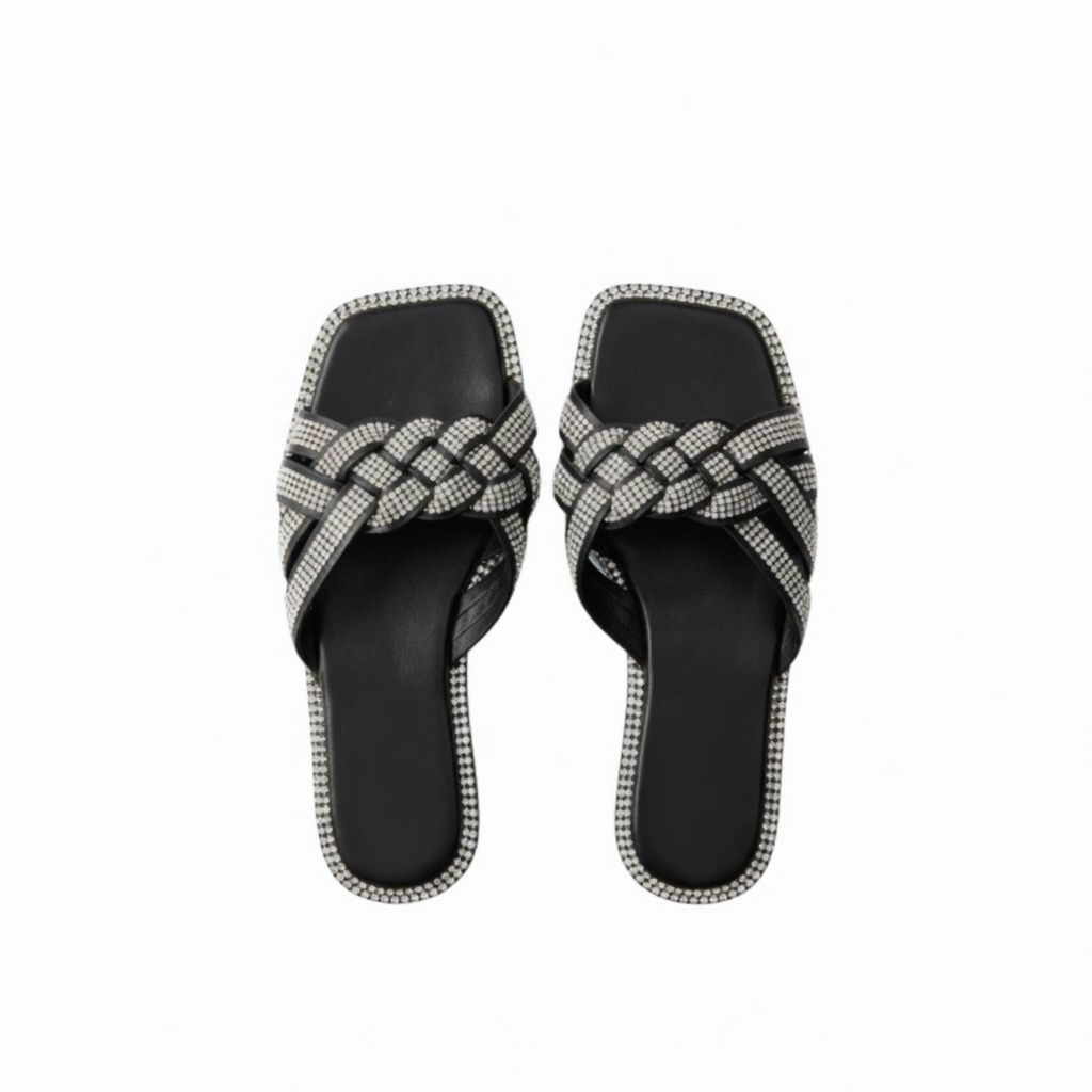 Black Crystal Embellished Braided Slide Sandals