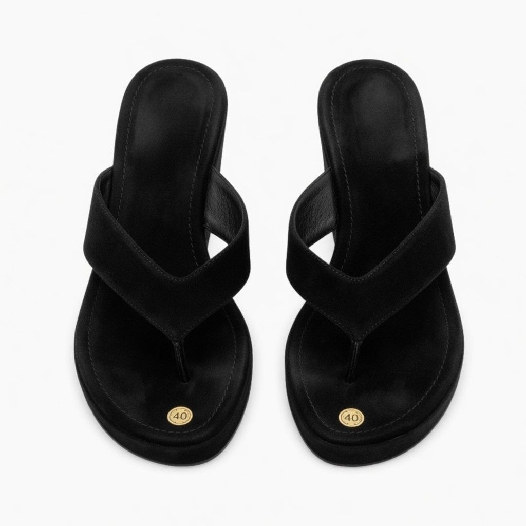 Womens Black Flat Slippers with Gold Embellishment