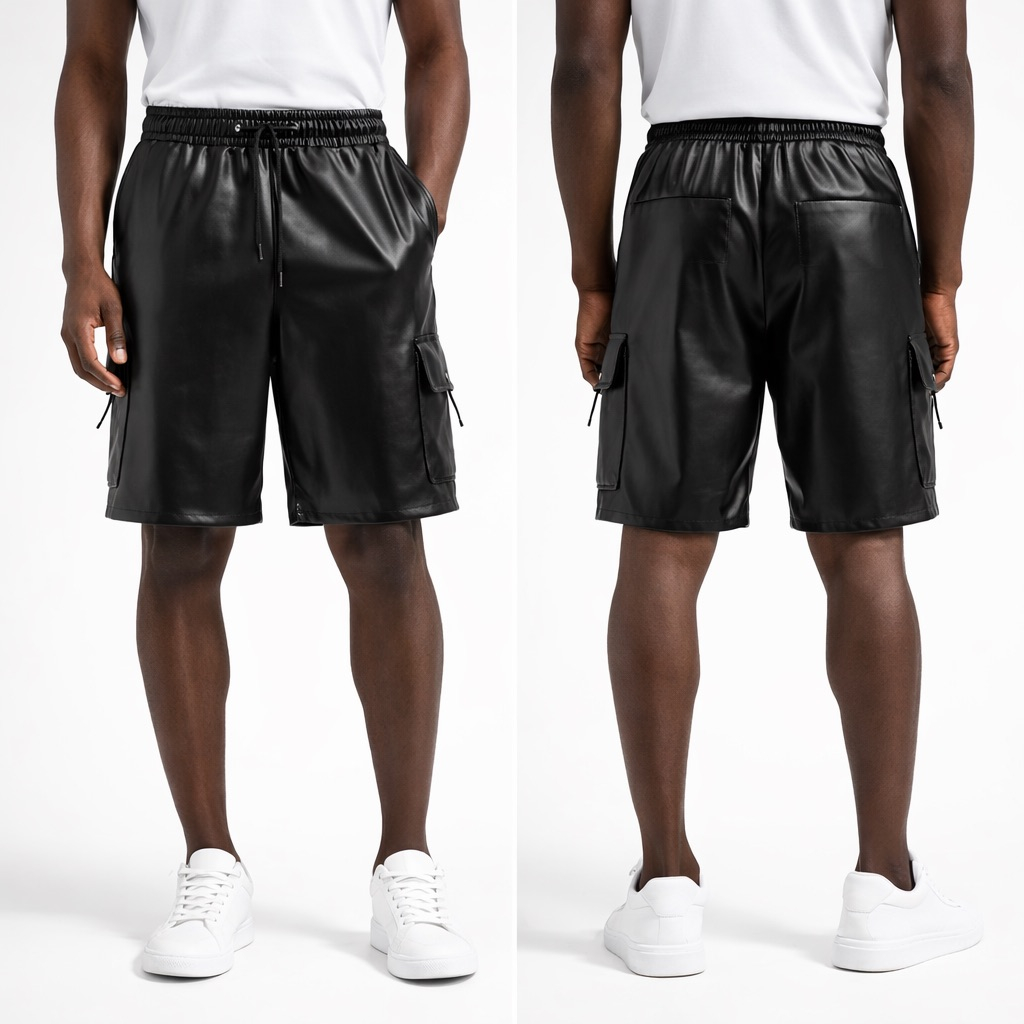 Mens Faux Black Leather Shorts with Cargo Pockets