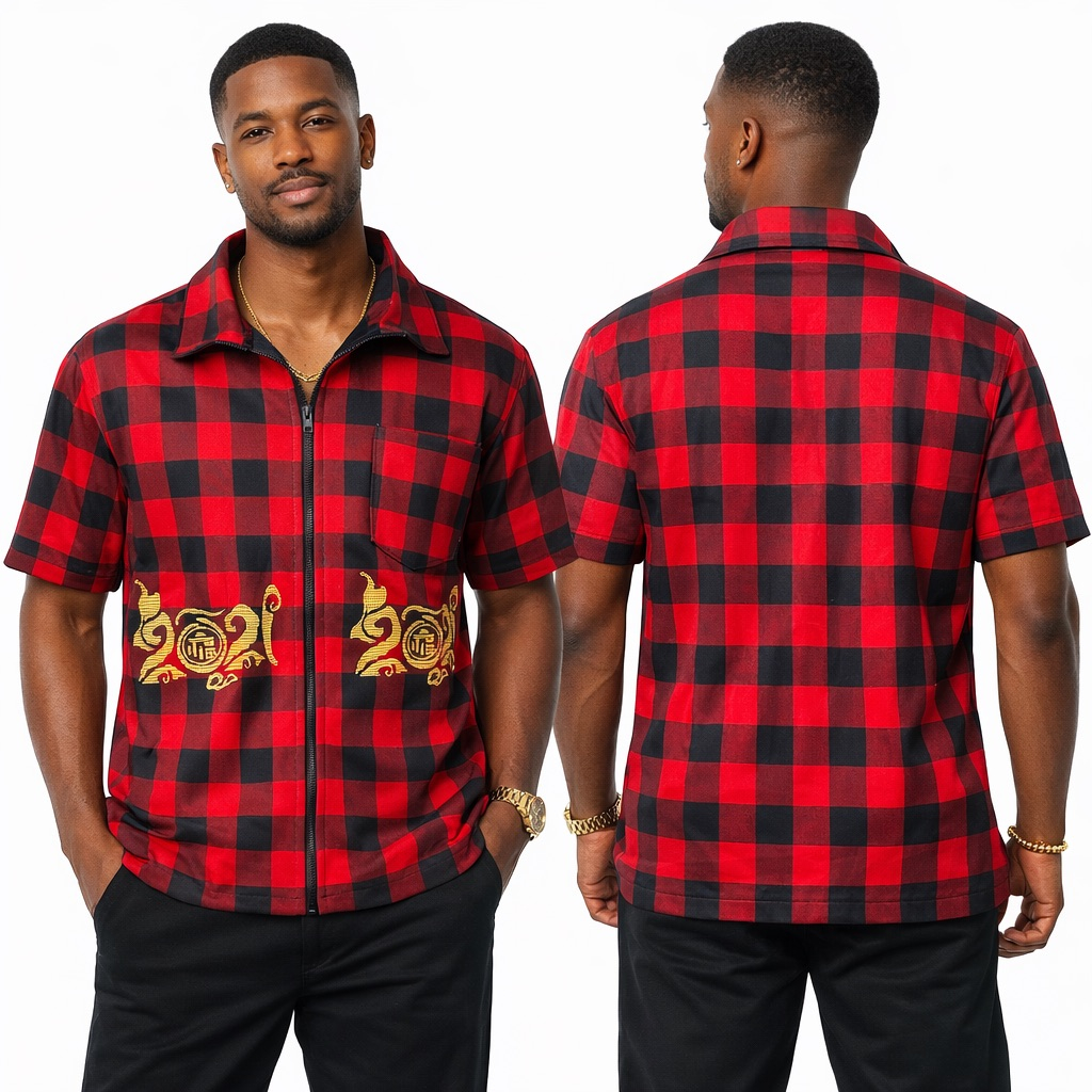 Plaid Red and Black Hooded Zip Up Shirt Jacket with Graphic Print