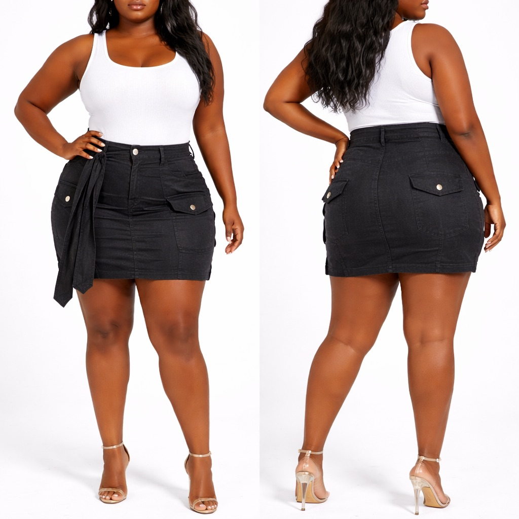 Black Utility Cargo Mini Skirt with Tie Detail
