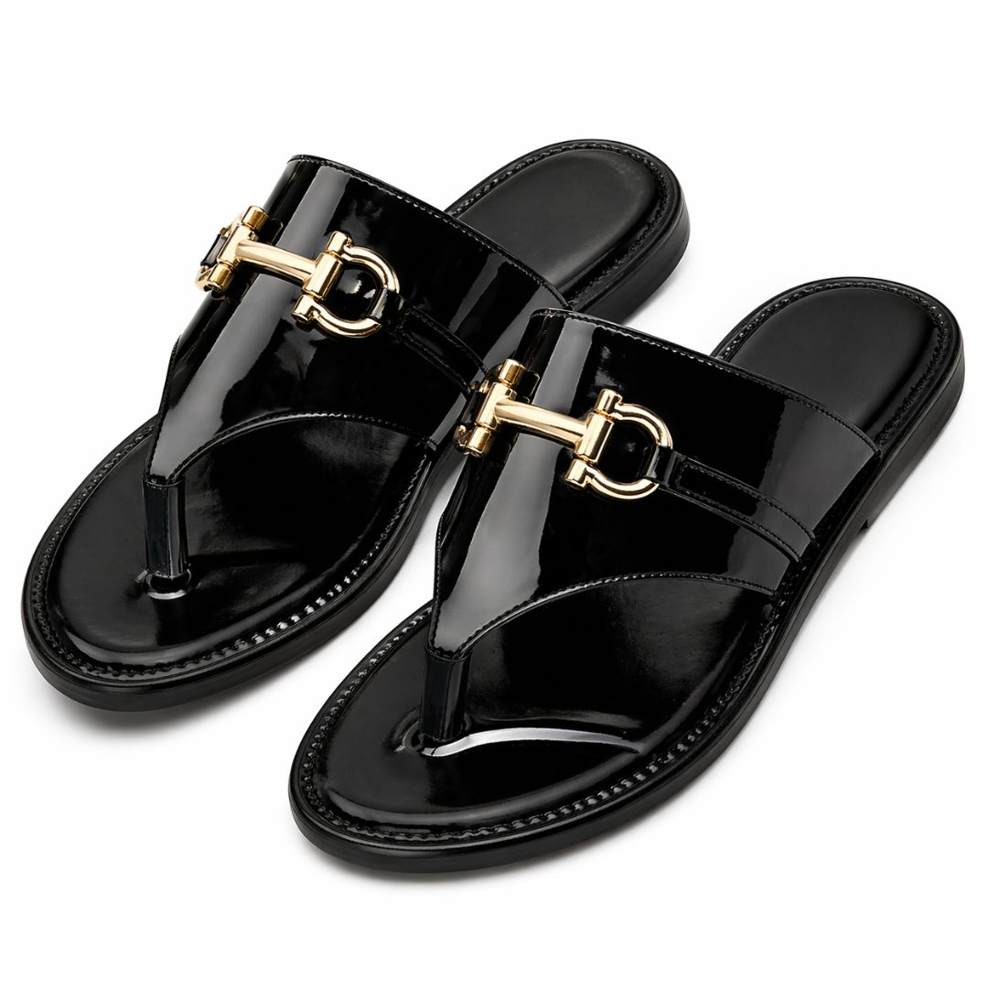 Mens Black Patent Leather Thong Sandals with Gold Buckle Detail
