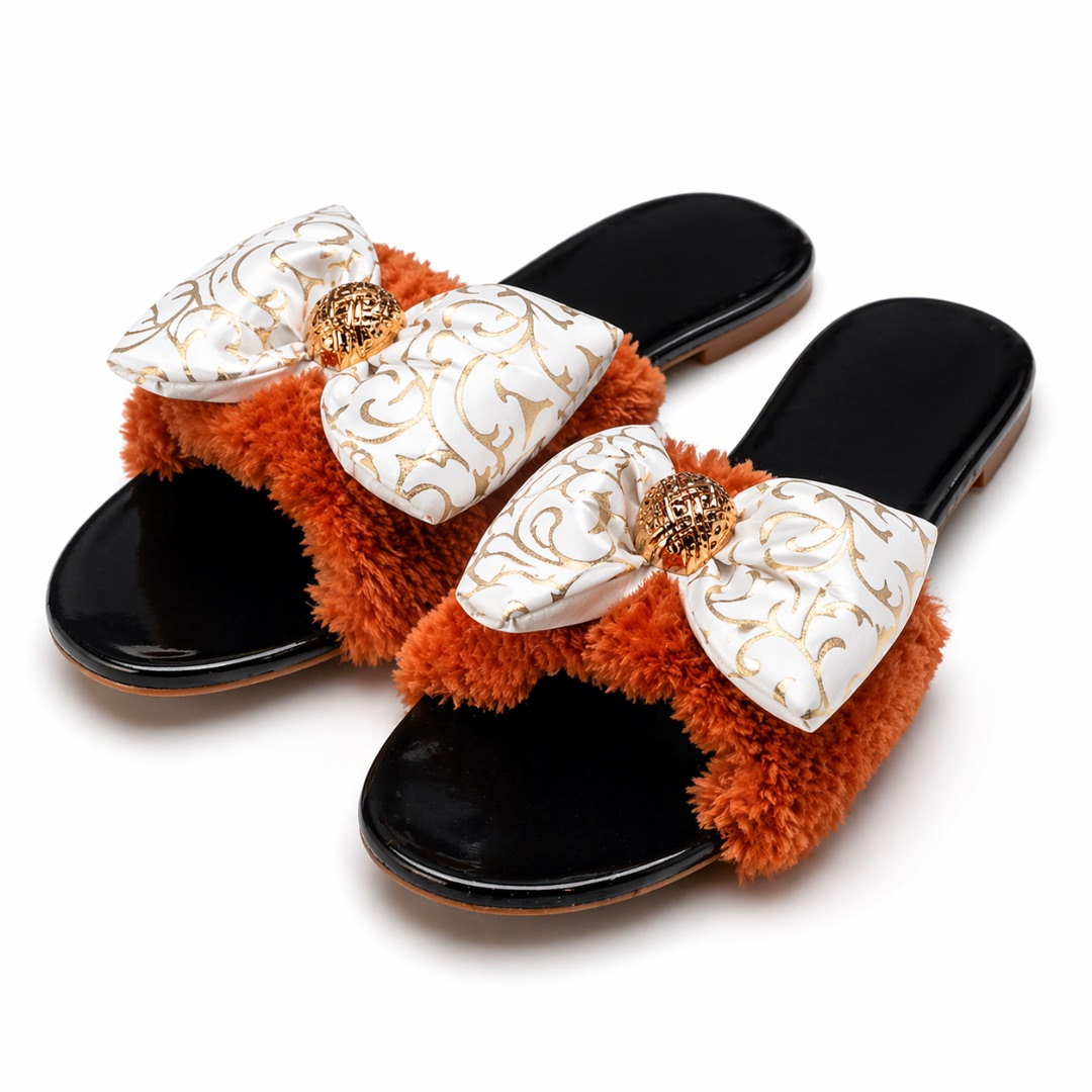 Womens Bow Detail Slip On Flat Sandals     White and Gold Print with Orange Furry Accent