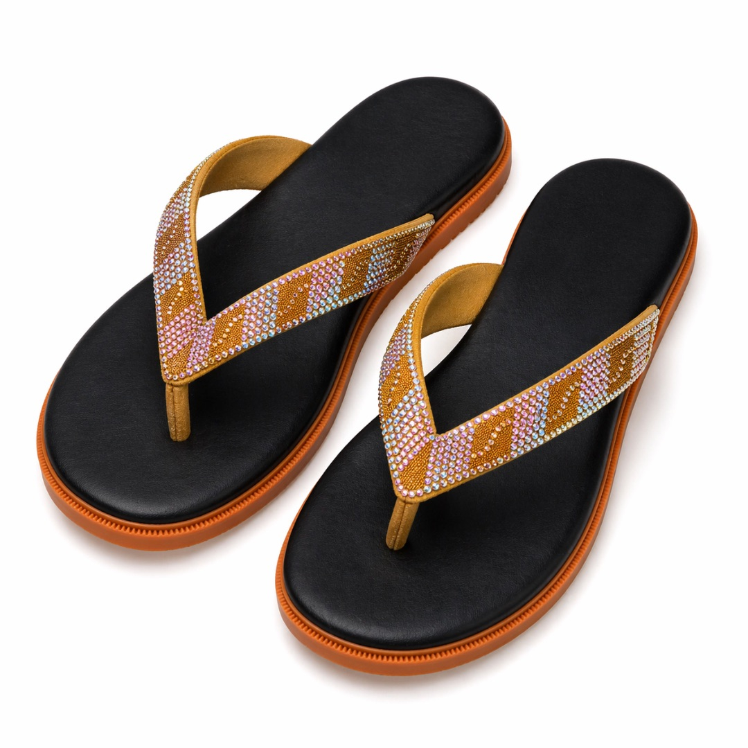 Womens Gold Rhinestone Strap Flip Flop Sandals     Black
