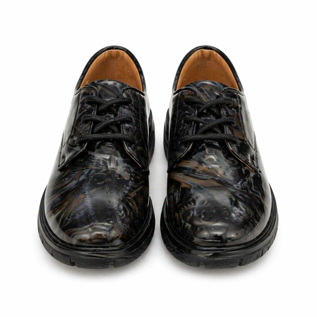 Black Marbled Patent Leather Lace Up Derby Shoes