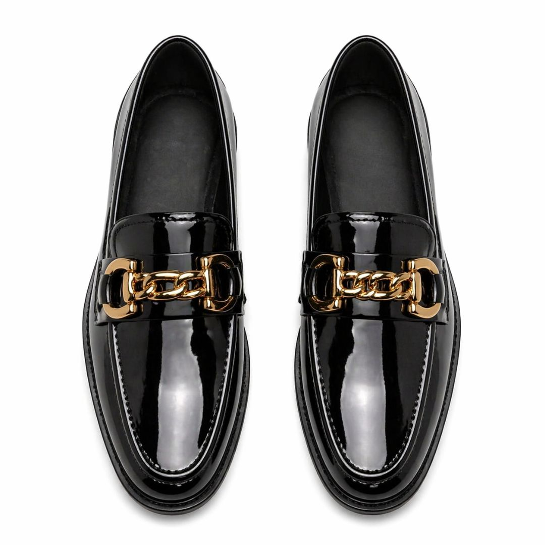 Black Patent Leather Loafers with Gold Buckle Detail