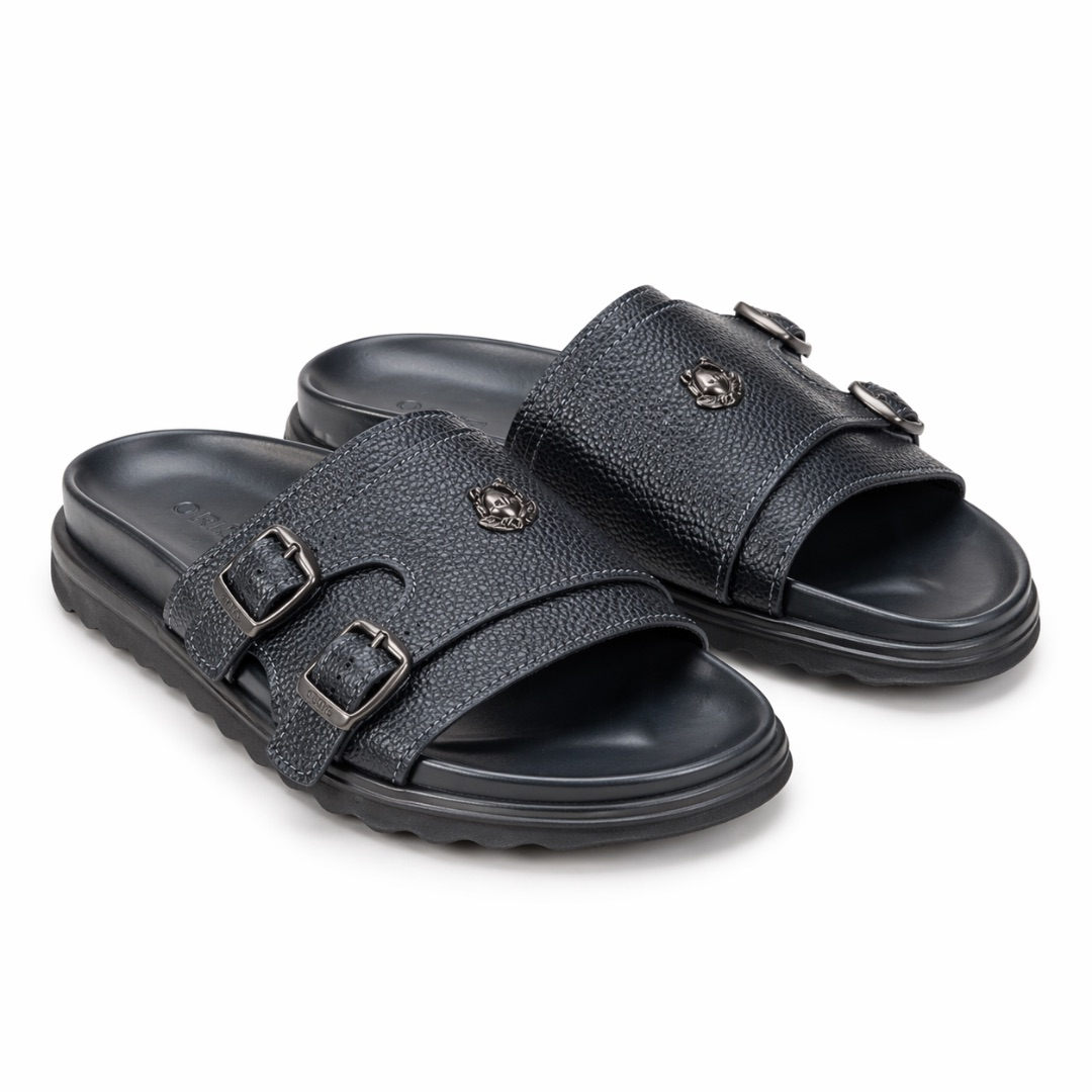 Mens Double Buckle Leather Slide Sandals    Black