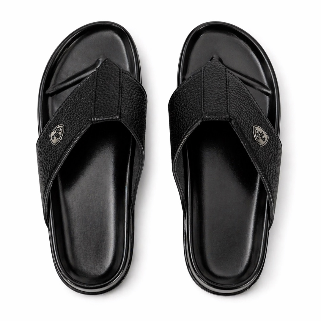 Mens Textured Cross Strap Slide Sandals    Black