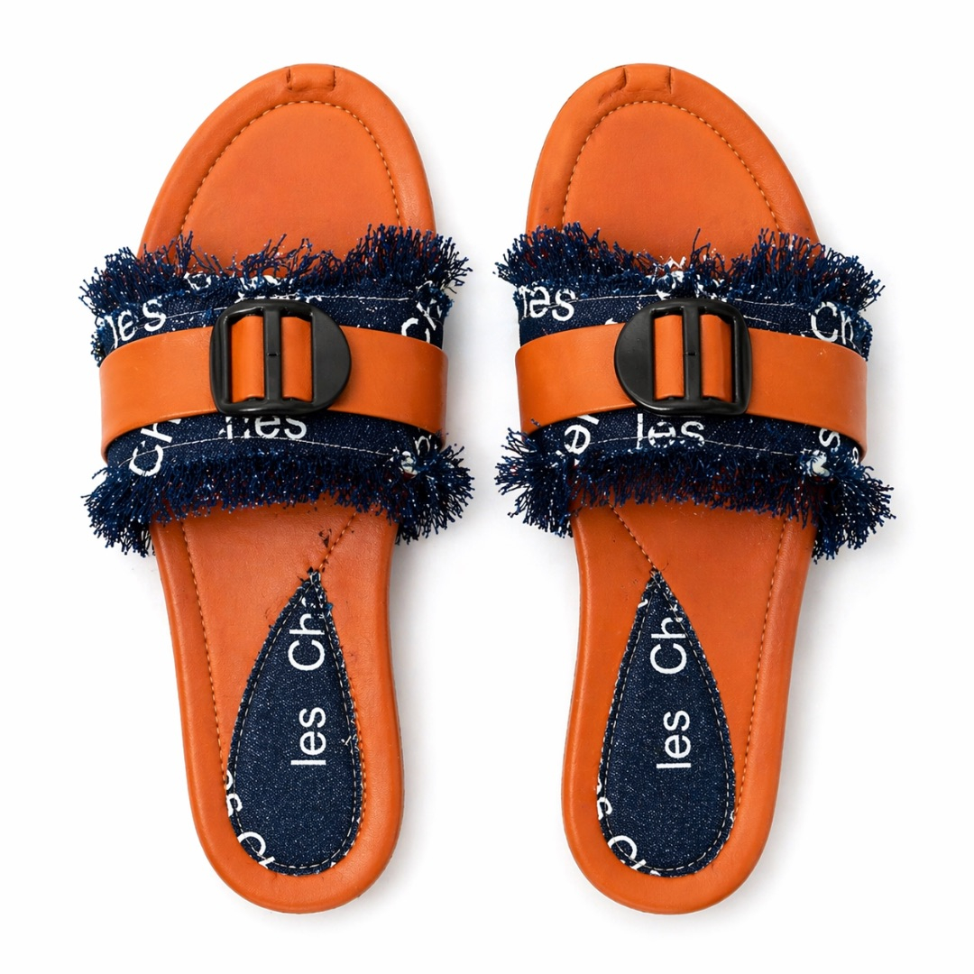 Womens Orange  Leather  Slide Sandals
