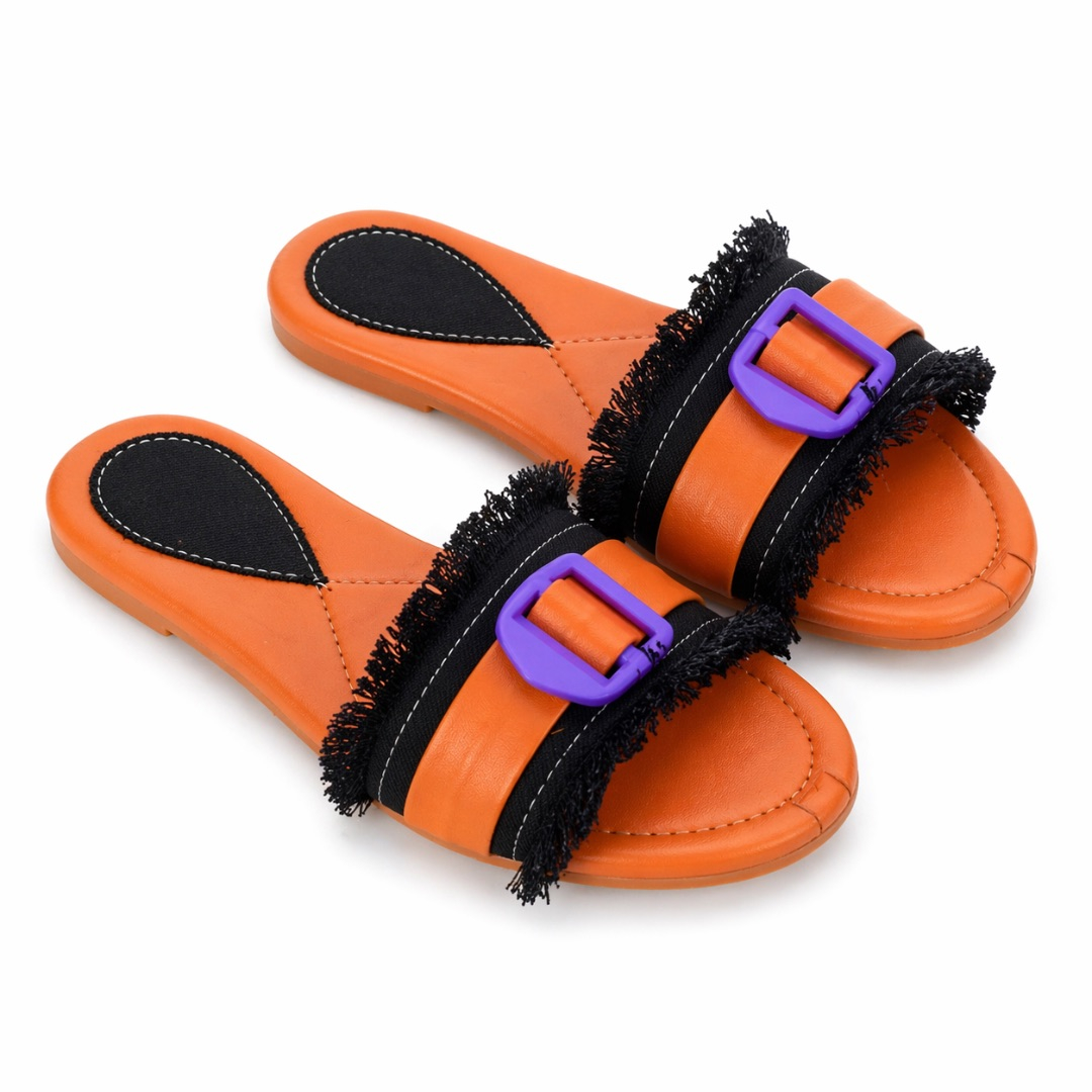 Womens Orange Fringe Slide Sandals  with  Purple Buckle Accent