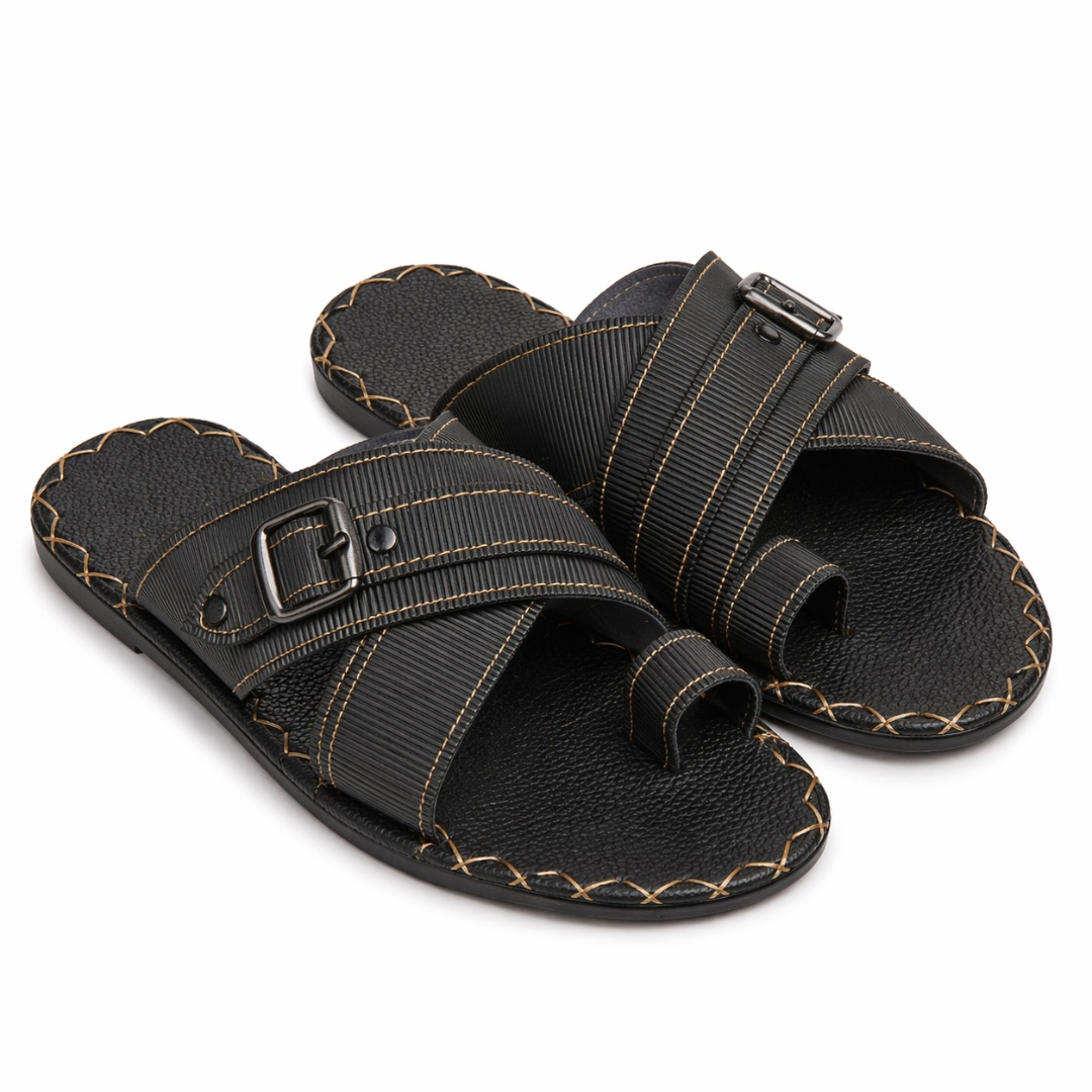 Mens Black Textured Toe Loop  Sandals with Contrast Stitching