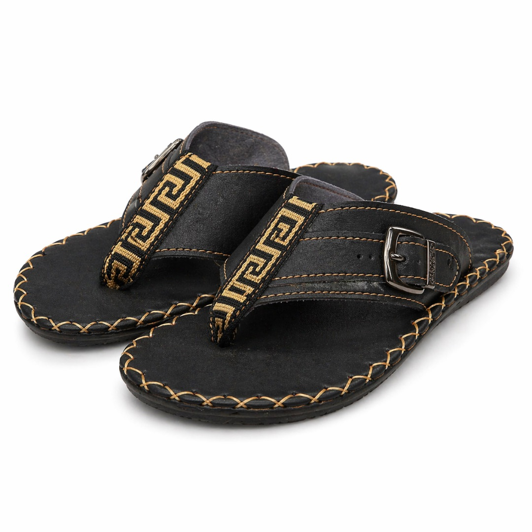 Mens Black Leather Toe Loop Sandals with Embroidered Strap and Buckle