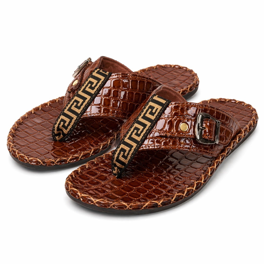 Mens Brown Croc Texture Leather Toe Loop Sandals with Signature Strap and Buckle