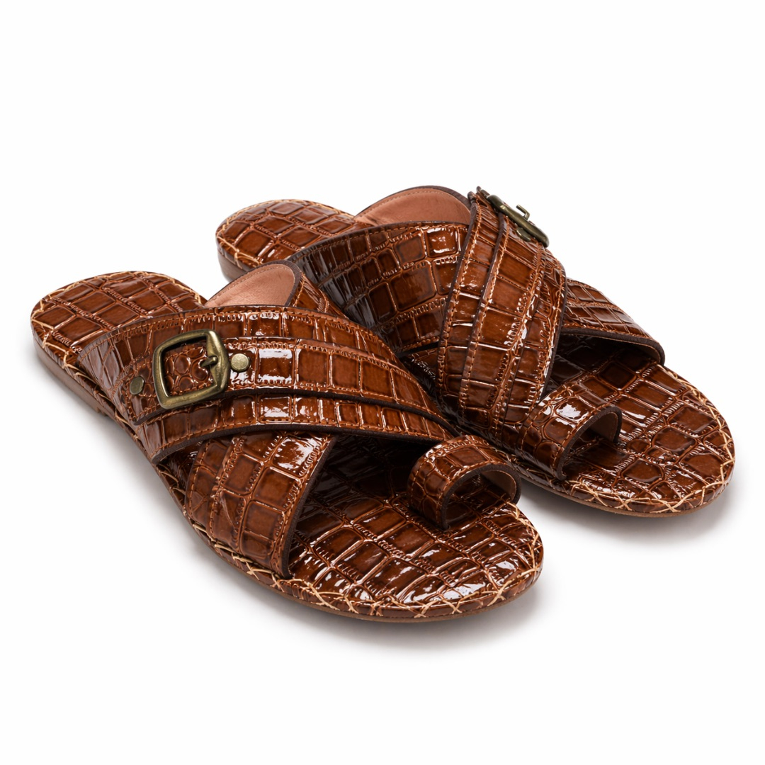 Mens Brown Croc Embossed Leather Cross Strap Toe  Loop Sandals